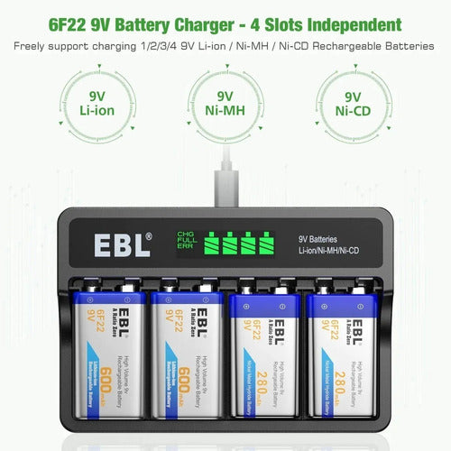 EBL Smart Display USB Charger for 4 Rechargeable 9V Batteries 1