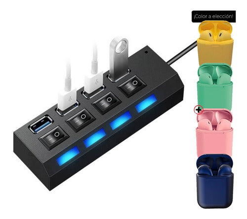 Hub Usb Treqa 4 Puertos + Auriculares Inalambricos 0