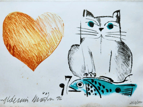 Aldemir Martins Cartão Gato Coração Assinado 35x25 Cm 1996 0