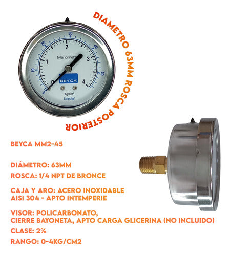 Beyca Manómetro A/Inoxidable 4 Kgcm² Rosca Posterior MM2-45 4 1