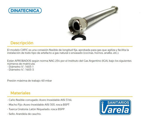 Approved Flexible Gas Connection 1/2" x 60 Cm Dinatecnica 2