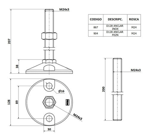 Pata Maquina Base Ø124 Rosca Metalica M24x150 Hierro Zincado 1