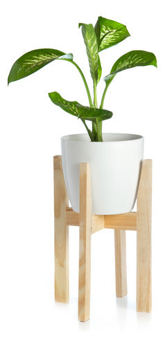 Set of 2 Wooden Plant Stands + White Plant Pots Size 18 1