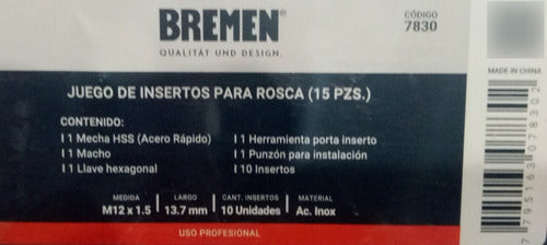 Kit Insertos Macho Mecha Bremen Roscas 12x1.50 15pz 7830 1