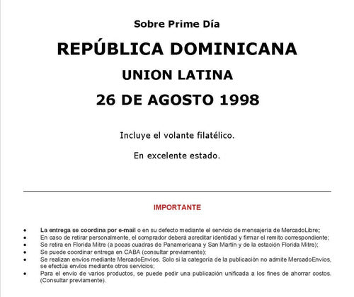 República Dominicana - Sobre Primer Día (26-ago-1998) Fdc 1