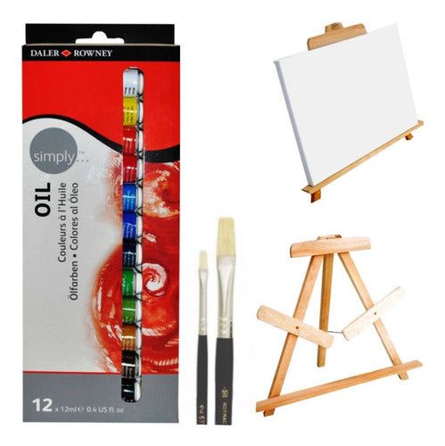 Daler Rowney Kit Set Oleo Atril Madera Pincel Cerda Bastidor 0