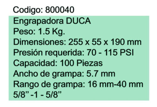 Engrapadora Neumática Duca 5,7x 16x40mm Mm Con Grampa Rango 1