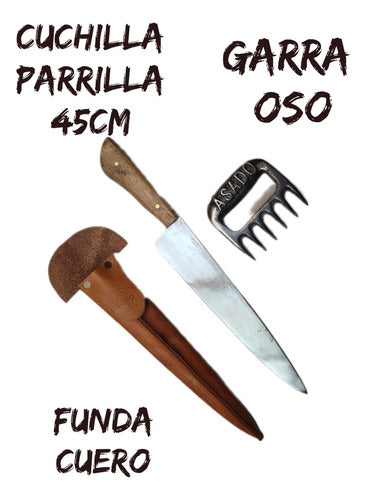 Maderasartesanales Set Asador Tabla Madera Parrilla Hacha Cuchillas Garras Oso 7