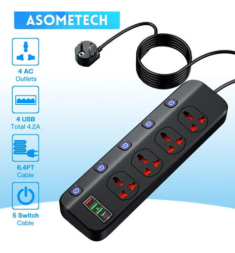 Asometech Universal Travel Power Strip 4 Outlets 3 USB 1 USB-C 2500W 2m 1