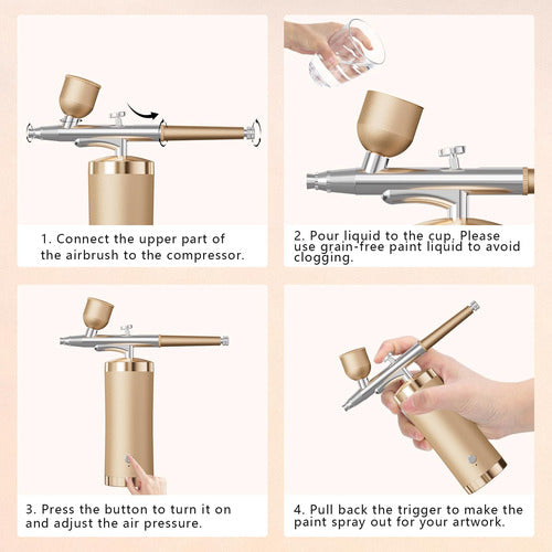 Kit De Aerografo Con Compresor 48psi 0.3mm Recargable Dorado 5