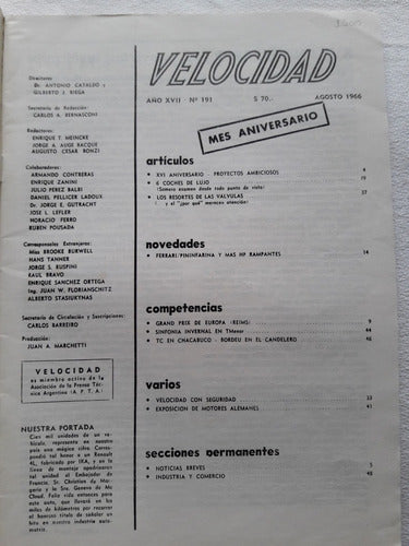 Revista Velocidad N° 191 Agosto 1966 Ferrari - Tc Chacabuco 1