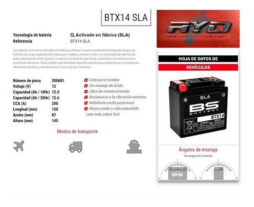 BS Battery BTX14 = YTX14 BMW F 800 GS Motorcycle Battery 2