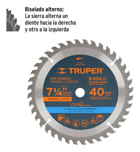 Sierra Circular Para Madera, De 7 1/4'', 40 Dientes, Truper 1