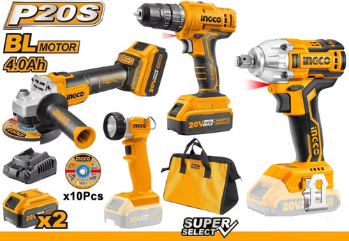 Ingco 20V Grinder, Drill Driver, Flashlight, Impact Wrench Kit 0