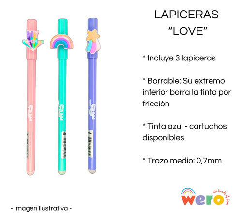 3 Wero Fun Love Roller Erasable Pens Rainbow Pastels 1