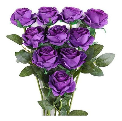 Justoyou 10pcs Realistic Artificial Roses with Long Stem Violet 0