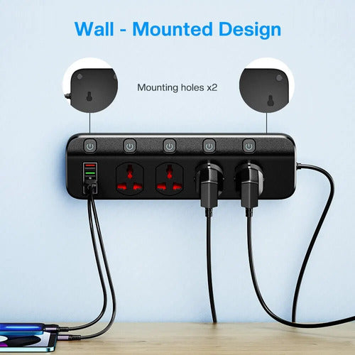 Asometech Universal Travel Power Strip 4 Outlets 3 USB 1 USB-C 2500W 2m 5