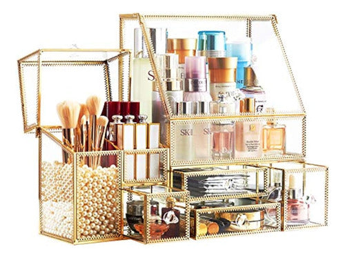 Hersoo Stackable Organizer with 3 Drawers - Vintage Glass Bathroom Organizer 0