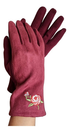 Suede Gloves Women Floral Detail Winter Warmth 3