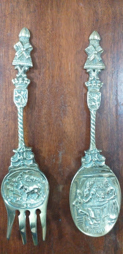 Par De Utensilios Holandeses En Bronce Puro Cuchara  Tenedor 0