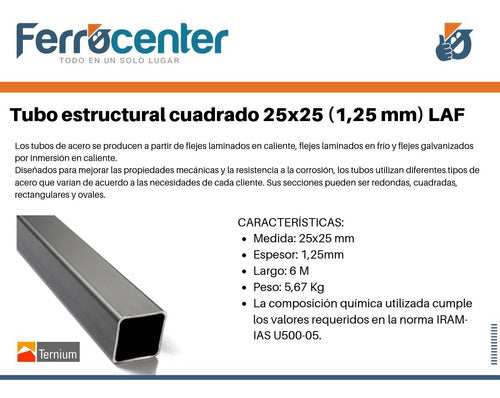 Tubo Estructural Cuadrado 25x25 (esp 1,25mm)- 6 Mts De Largo 1