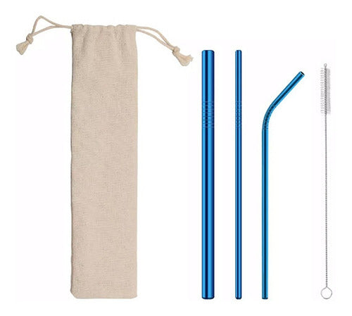 Decotech Reusable Metal Straw Set X3 + Cleaner Brush and Fabric Pouch 0