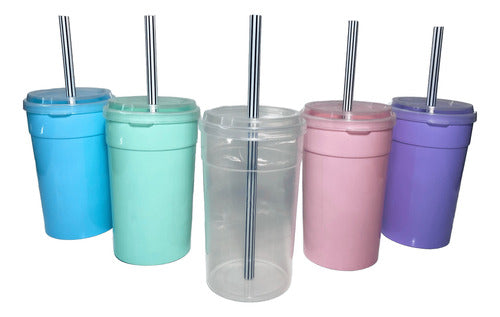 Merch Deco Bazar 40 Transparent Cups with Lid and Straw Made of Plastic 0