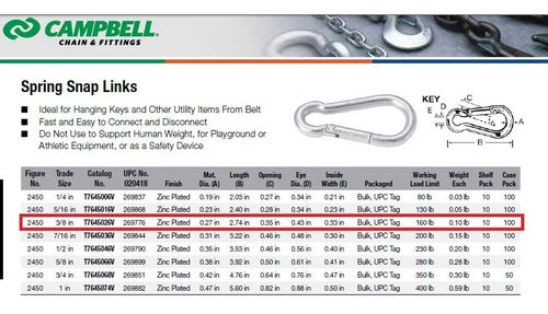 Campbell 3/8" Professional Use Carabiner 160lb - 73 Kg USA 1