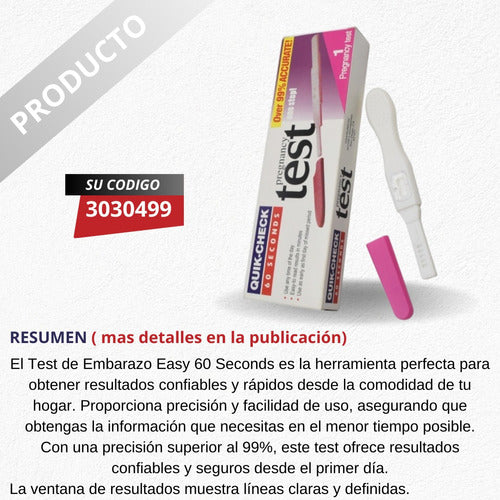 QUIK CHECK Test Embarazo Rápido & Fácil 60 Segundos 99% Confiable 3