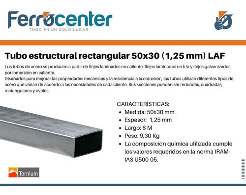 Tubo Estructural Rectangular 50x30 (esp 1,25 Mm) 6mts 1