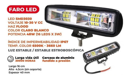 Led Faro 16 LED Auxiliary Flood Projector Bar 48W 12/80V 3