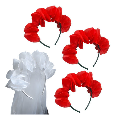 Maravinchas Cotillón 2 Flower Headbands + 1 Bride's Headband with Veil Bachelorette Party Combo 4