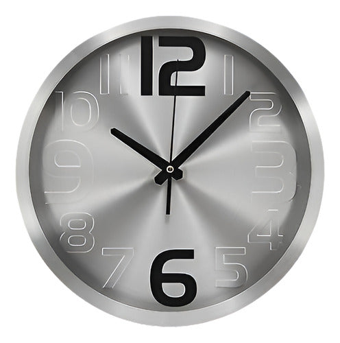 Aluminum Wall Clock 30cm with Relief Silver Numbers 0