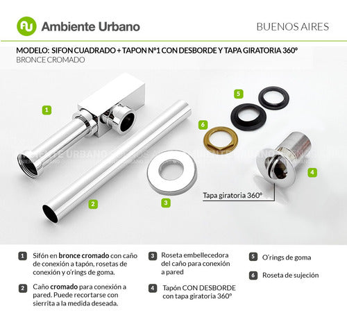 Ambiente Urbano Sifon Cuadrado Descarga Cromo + Tapon Con Desborde Tapa 360º 1