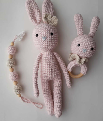 Crochet Bunny Set + Rattle + Pacifier Holder by Chichelandia 1
