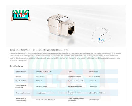 Módulo Rj45 Hembra Cat6a Stp 180º Sin Herramienta Ik6af18t 7