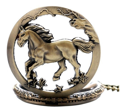 Relógio De Bolso Bronze Com Corrente Cavalo Estilo Antigo 3