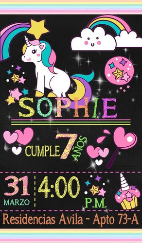 Kit Imprimible Carmelo Video Invitation Card - Unicorn Blackboard 0