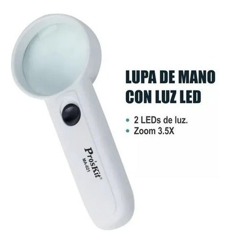 Lupa De Mano Vidrio Lente 3.5x Con 2 Led Proskit Ma021  46mm 1