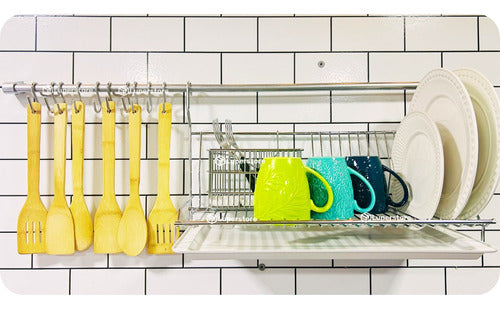 Luperstore Plate Drying Rack with Cutlery Holder, 10 S Hooks & 90 cm Bar 0