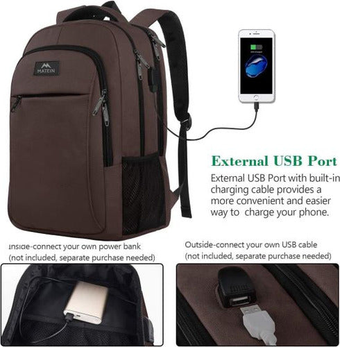 Matein Slim Anti-Theft Notebook Backpack with USB Port - Brown 1