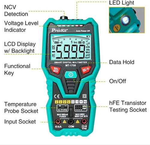 Multimeter Tester Smart Capacimeter Temp NCV Cat 3 Pro'sKit 2