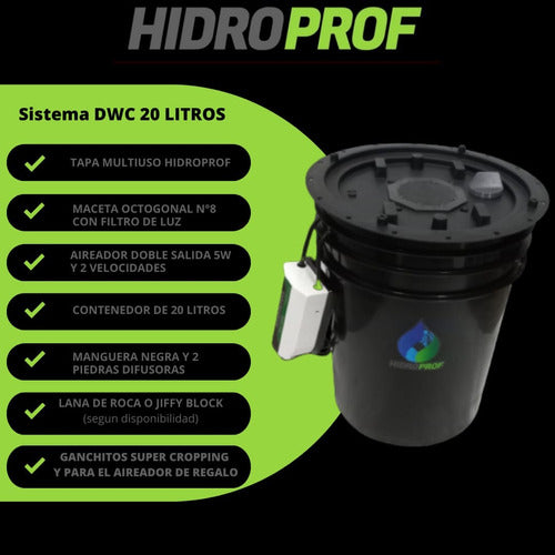 Hidroprof Hydroponic DWC System 20L Pot with Aerator and Stones 1