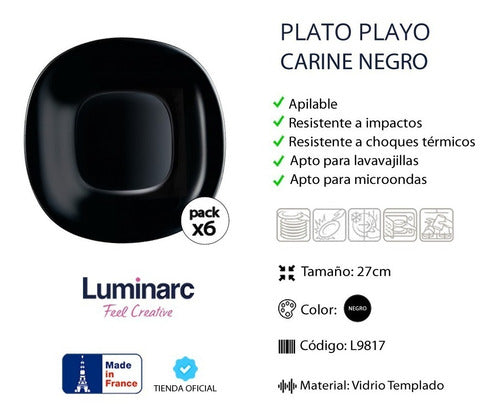 Luminarc Carine Black Flat Plate 27cm Tempered Glass Set of 6 1