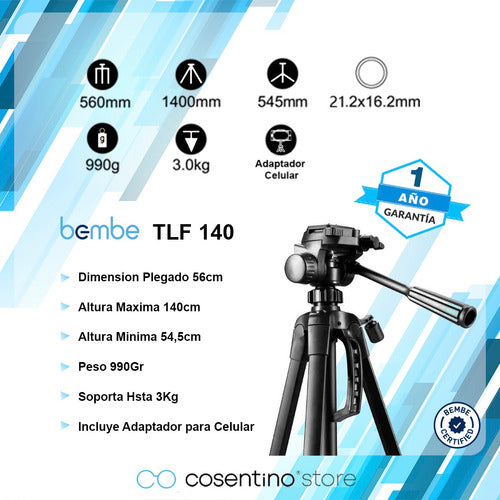 Bembe Tripode Fotografia Video 140 Cmts + Funda + Adaptador Telef 1