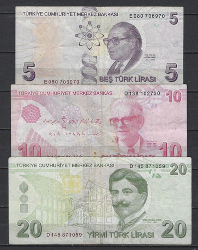 B183 Lot of 3 Turkish Banknotes 2009 P-222/24 1