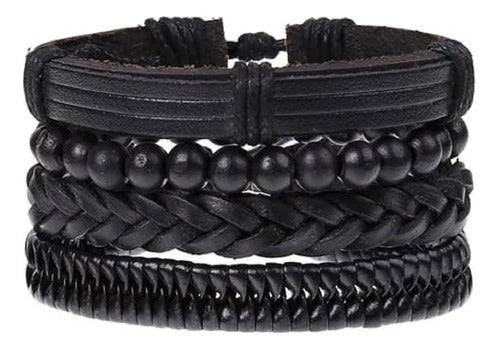 Burdah Conjunto Pulsera Moda Cuencas Cuero Negro 4 En 1 0