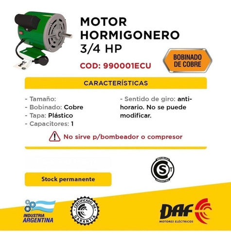 Motor Para Hormigonera 3/4 Hp Daf + Polea + Correa A 32 7