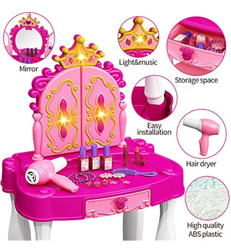 EOHEMERAL Toddler Makeup Table with Mirror and Chair, Kids Vanity Set with Accessories, Lights, and Music 1