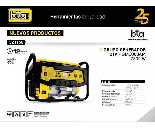 Generadores 220v A Gasolina 2300 W Motor 6.5 Hp Bta Plaza V 1